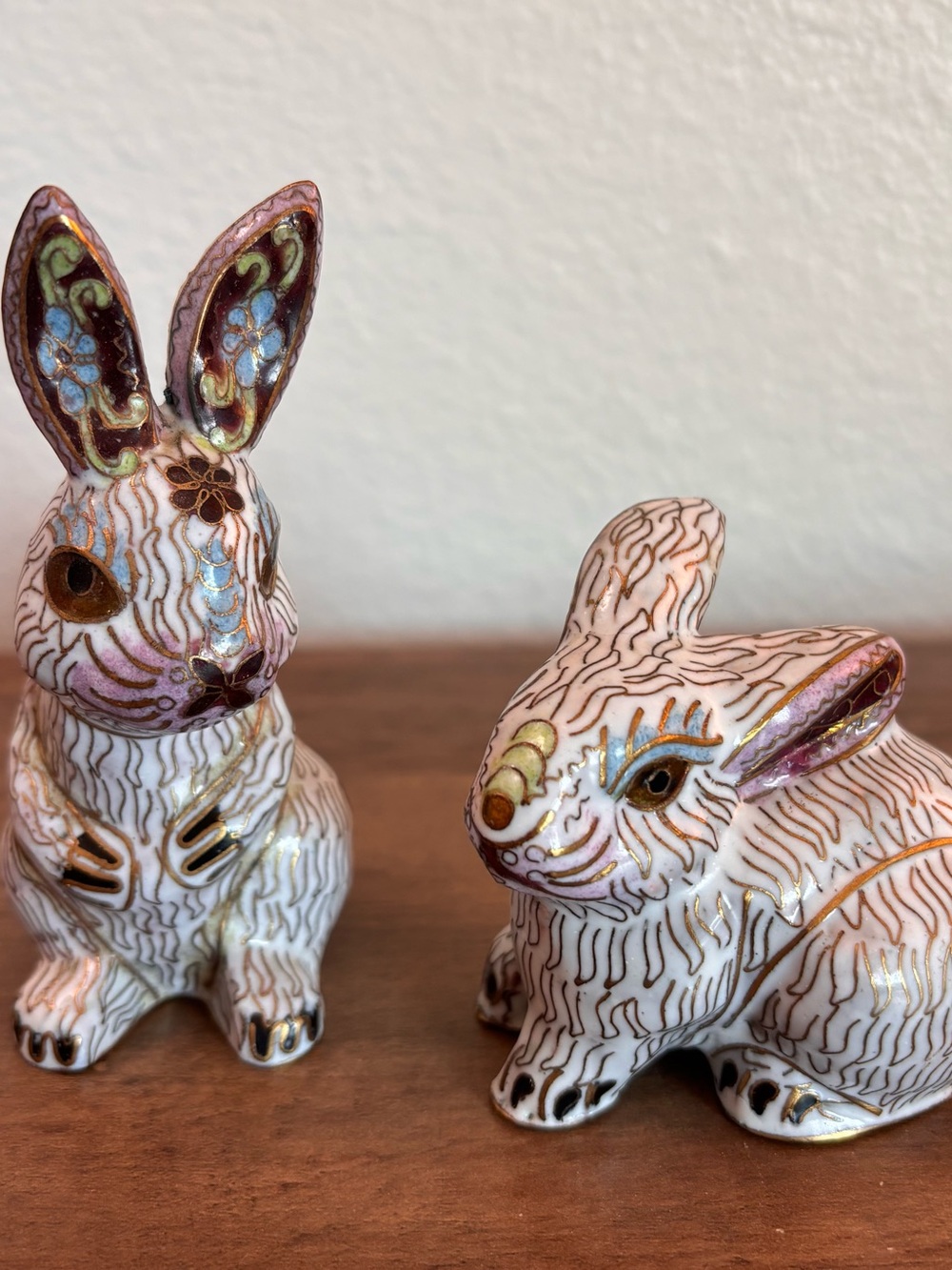 Two Vintage Chinese Cloisonné Rabbit Figurines